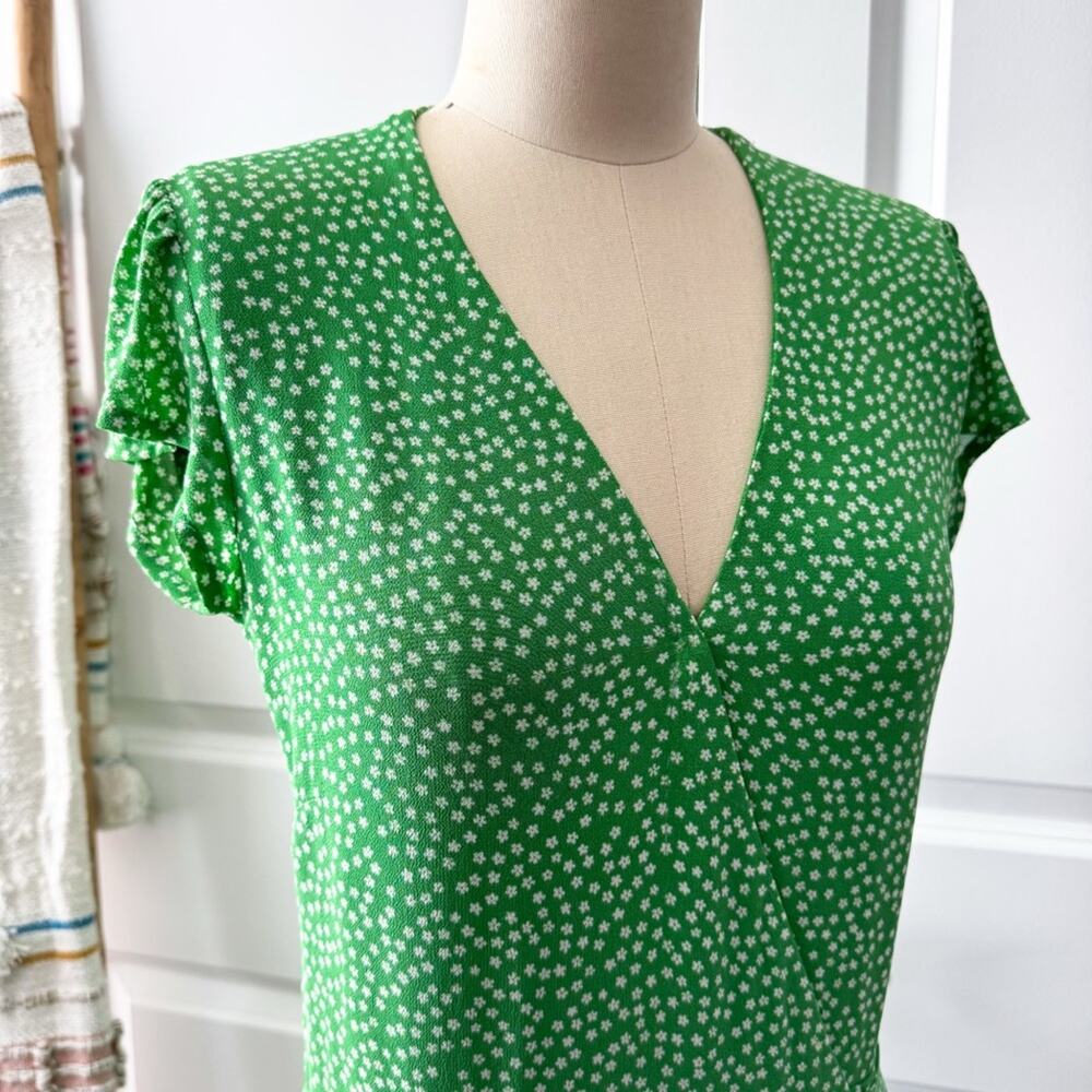 Reformation Dawn Green White Floral Short Sleeve Wrap Mini Dress Women’s Size XS - Picture 2 of 9